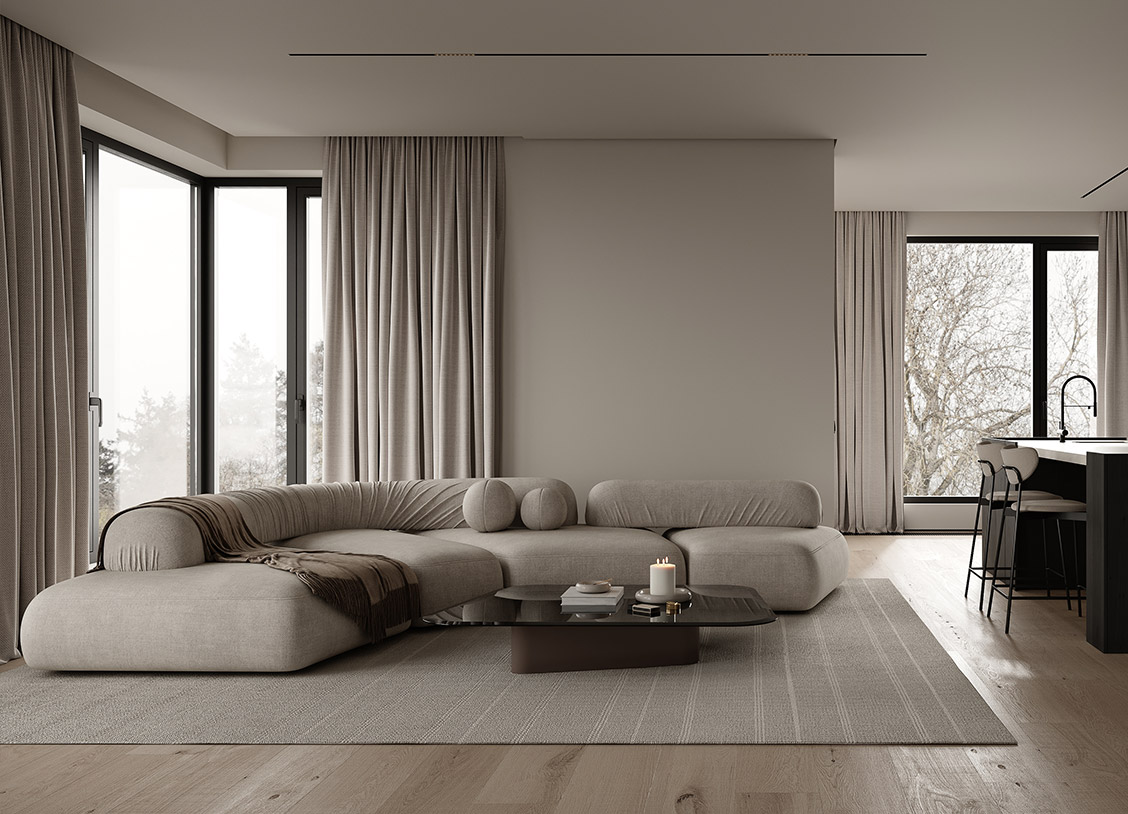 Photograph of Modern Living Room with Deluxe Curtains